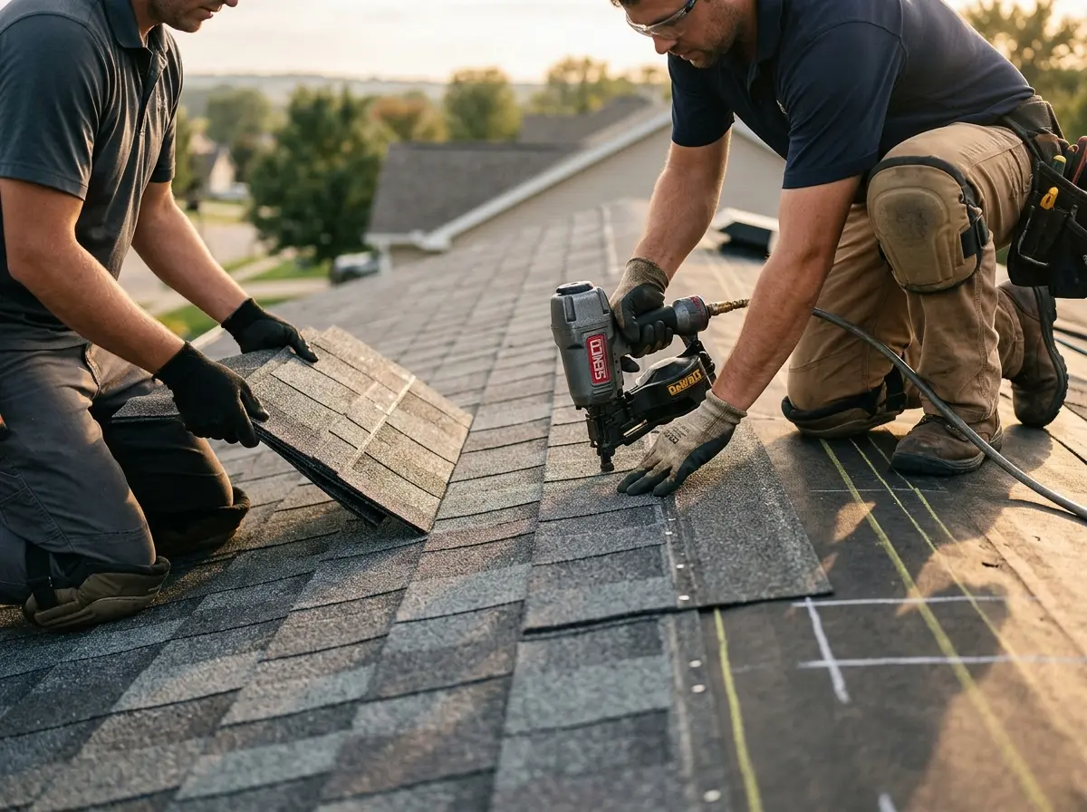 Professional roofer working on a residential roof in New Rochelle